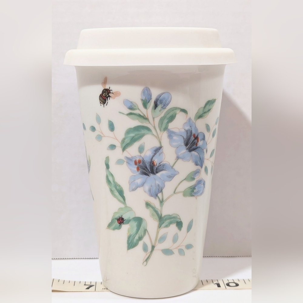 Lenox Butterfly Meadow Thermal Travel Mug Floral Porcelain Silicon Lid 10 oz